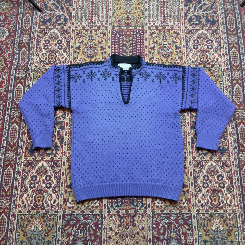 VTG 60s 70s Hand Knit Moriarty Sweater M Royal Blue‎ Black Wool Fair Isle Nordic